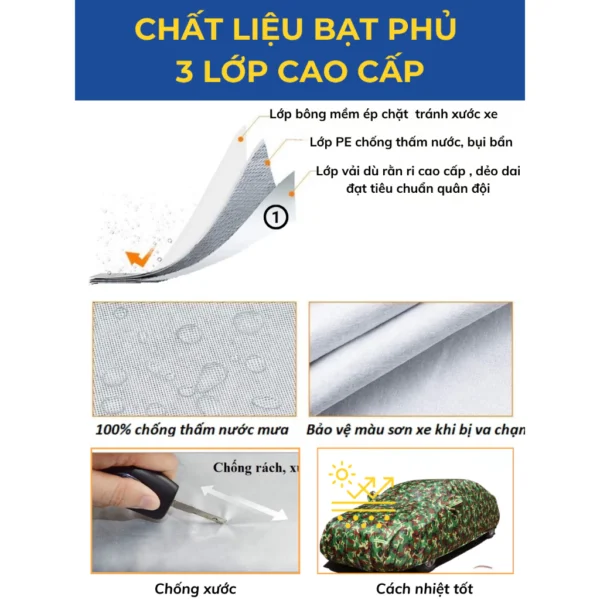 Che Nắng Mưa Oto Vải Dù Rằn Ri Chịu Nhiệt Chống Tịa UA, Chống Thấm Nước Hiệu Quả Dành Cho Xe 4 5 7 Chỗ - Ảnh 6
